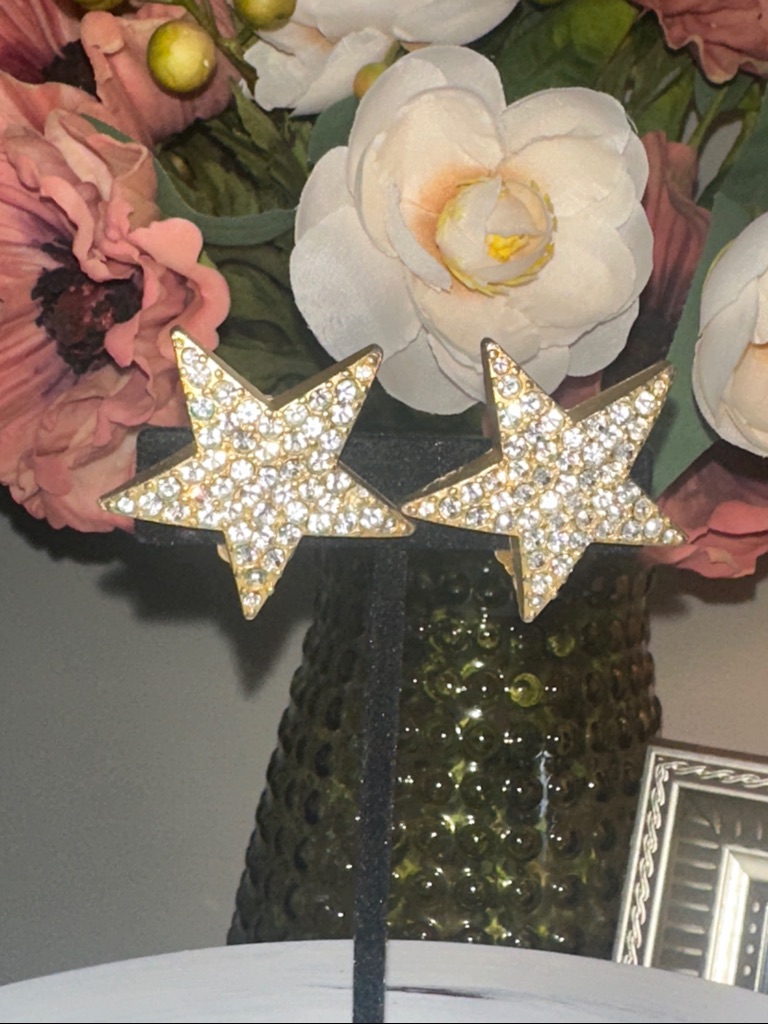 Vintage Norma Jean Dazzling Gold Star Clip On Earrings With Crystals